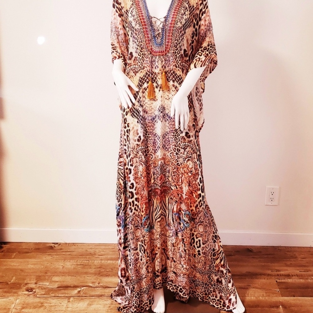 Manish Vaid silk Kaftan  Animal Print w crystal embellishment and tassels NWT
